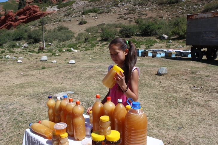 Kirgiska dziewczynka sprzedaje miody na rodzinnym straganie
